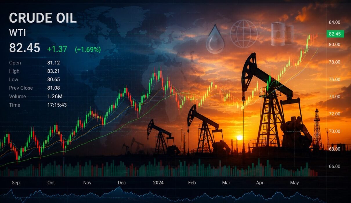 Current oil price trend chart with oil rigs and global market symbols