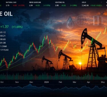 Current oil price trend chart with oil rigs and global market symbols