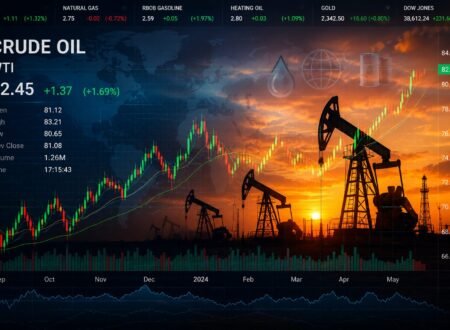 Current oil price trend chart with oil rigs and global market symbols