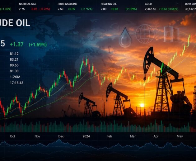 Current oil price trend chart with oil rigs and global market symbols